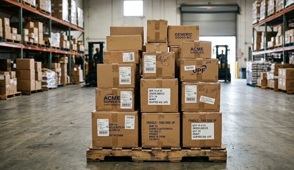 Portland Boxes warehouse facility with stacked corrugated boxes organized by size and grade